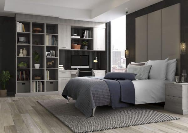 Lindley Nordic grey Bedroom with shelving, fitted desk and bed