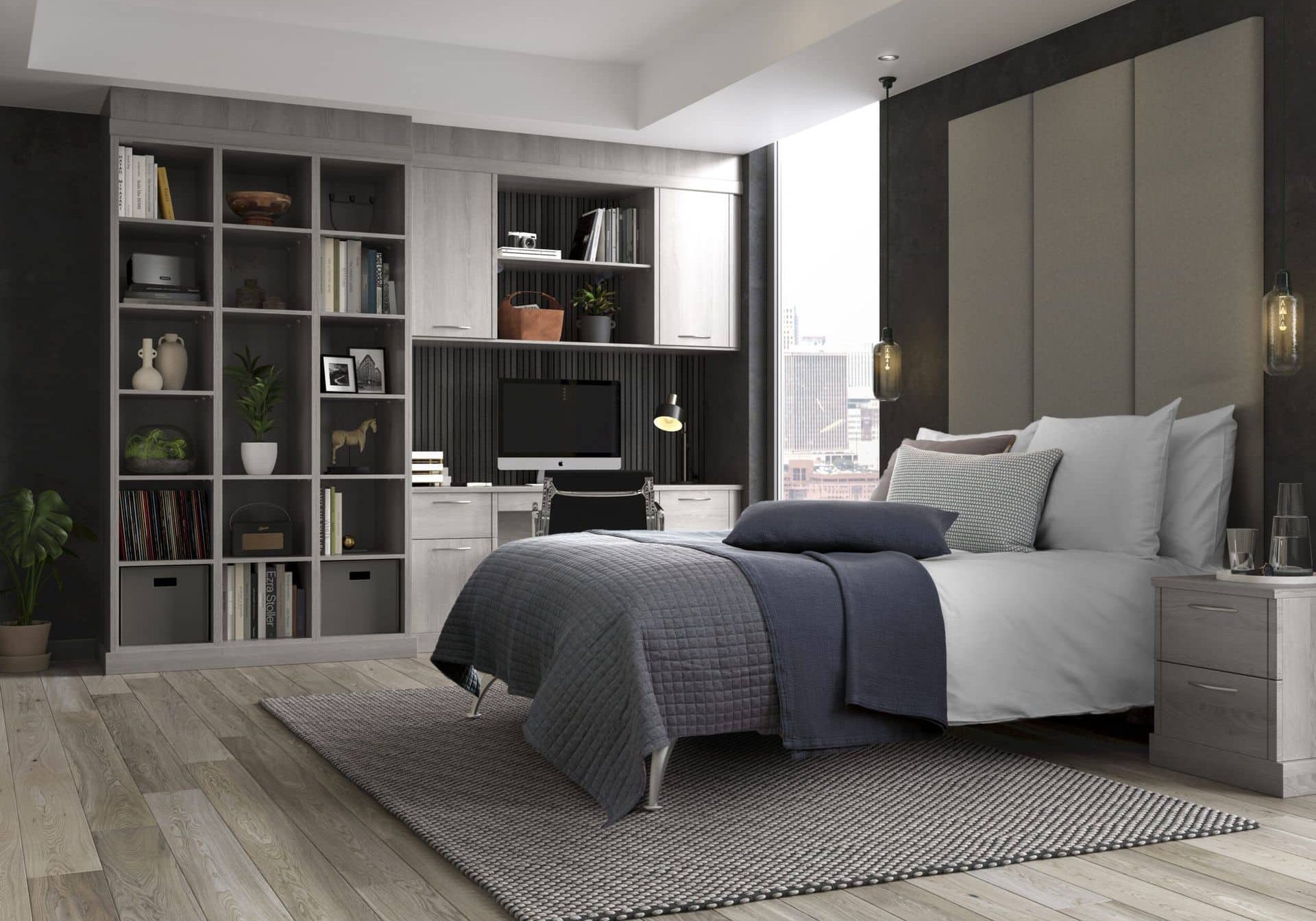 Lindley-Nordic-grey-Bedroom with shleving, fitted desk and bed Lindley Nordic grey Bedroom with shelving, fitted desk and bed