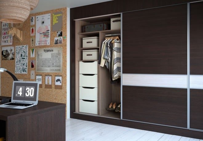 VM0347_HAMMONDS_SLIDING_ROBES_SC07_VIGO_DARK_PINE_LIGHT_PINE_CAMEO_OPEN_DOOR_WEB_8BIT_sRGB-660x495 3 Panel Elegance bedroom design is available at Hush Bedrooms